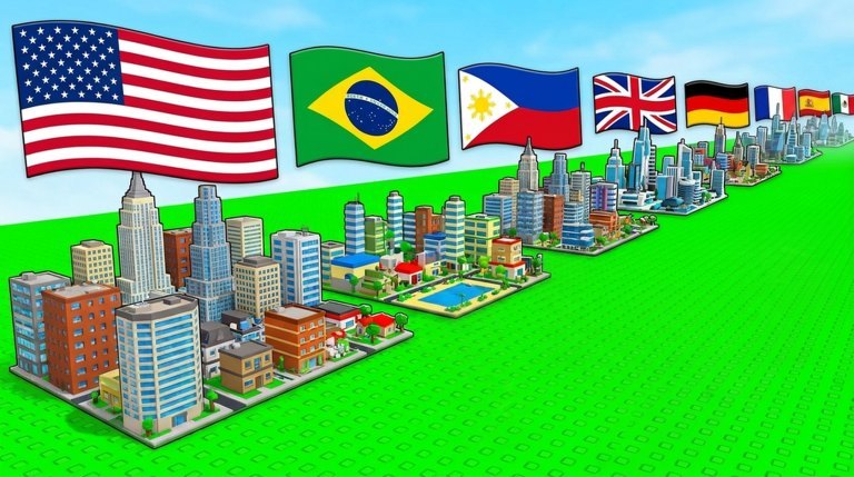Row of flagged city plots for the United States, Brazil, the Philippines, and other countries in Build a Country